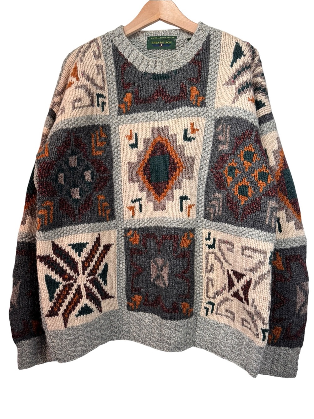 VTG Embassy Row Hand Knit Shetland Wool Sweater Large Southwest Patchwork Nordic
